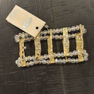 NWT Tint Clear Bead Beaded Rhinestone Stretch Thick Bracelet Gold Tone Hammered